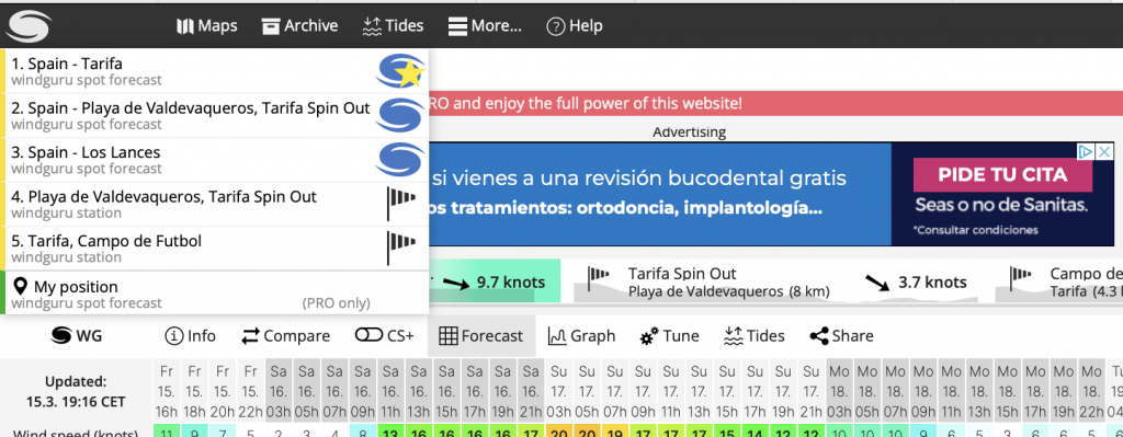 1. Elegir el lugar Para empezar, tienes que elegir un lugar específico donde hacer kitesurf. Windguru tiene una extensa lista de spots en todo el mundo. Puedes utilizar la función de búsqueda para encontrar tu spot o navegar por países y regiones. Para Tarifa, puedes elegir directamente "Tarifa" o "Los Lances" o "Valdevaqueros". Personalmente, prefiero quedarme con Tarifa como lugar para planificar las clases de kitesurf.